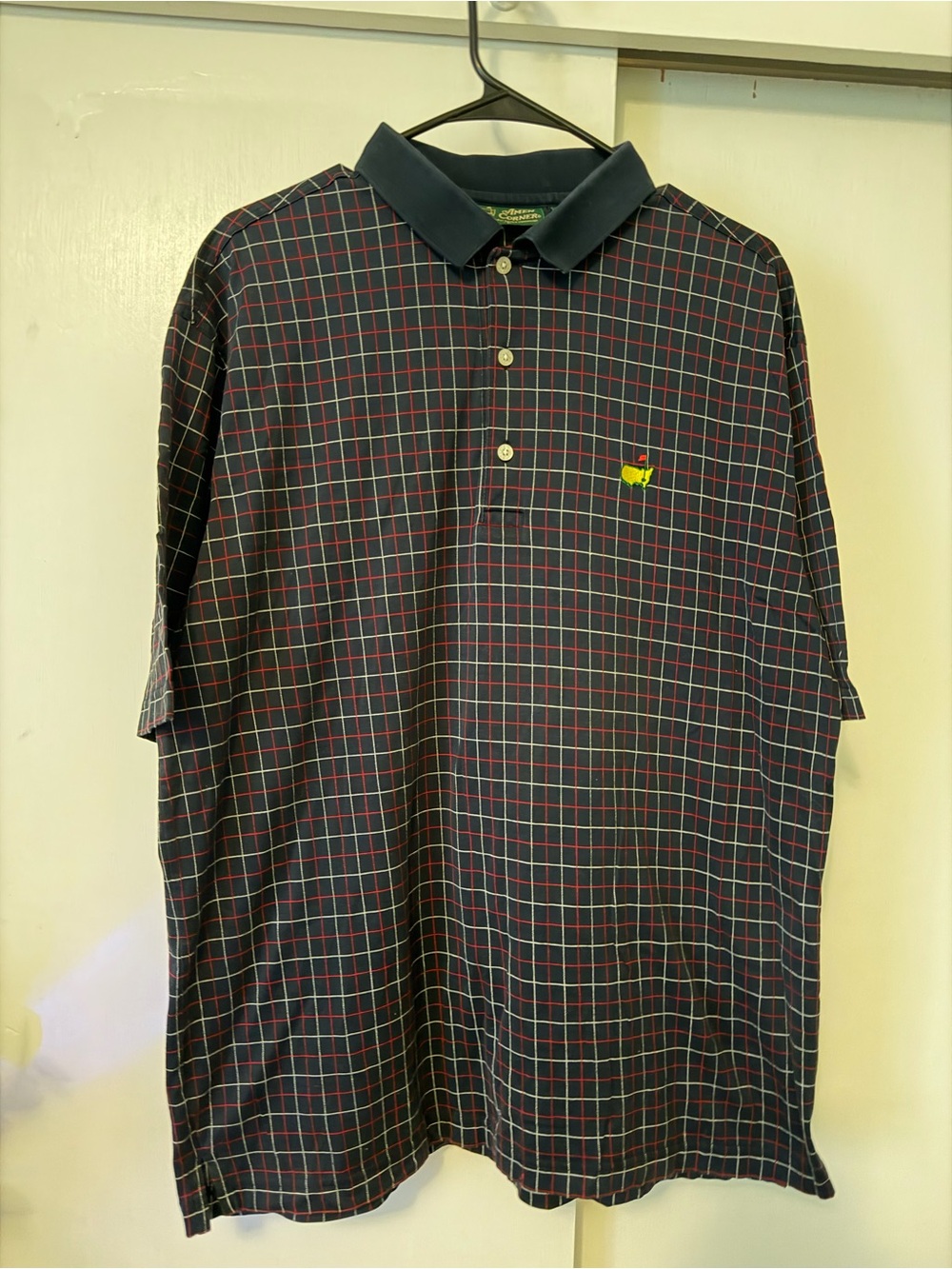 Masters Navy Plaid Polo with Red Windowpane and Yellow Logo